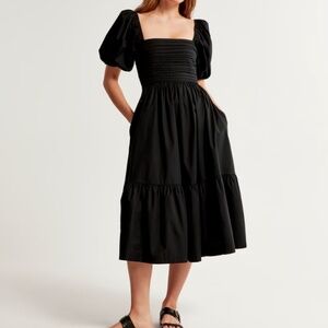 NWT Abercrombie Emerson Black Poplin Puff Sleeve Midi Dress Size XL